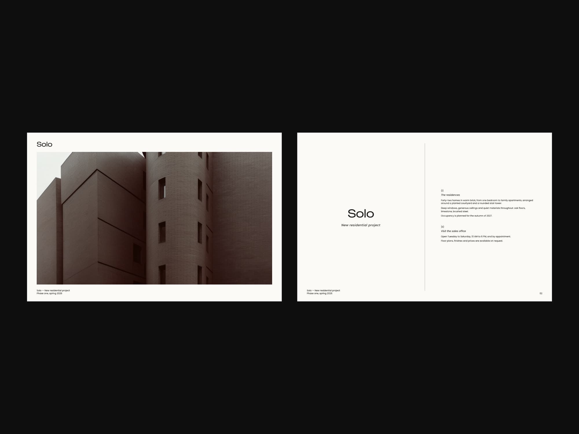 The front and back of a flyer for Solo, a new residential project: a brick facade on white, and the name on a white back, side by side on black